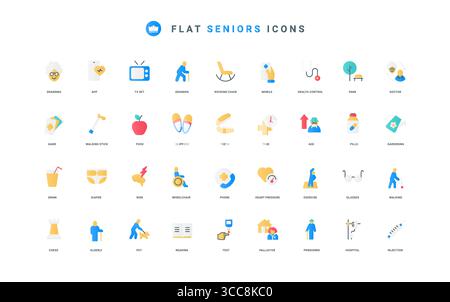 Eine Reihe farbenfroher flacher Symbole, die den Lebensstil, die Pflege und die täglichen Aktivitäten von Senioren darstellen. Enthält Grafiken für das Gesundheitswesen, die Freizeit und unterstützende Tools sowie Vektorillustration. Stock Vektor