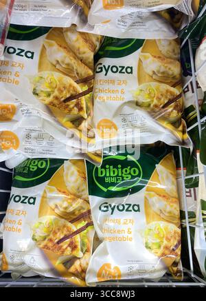 Padua, Italien - 19. Juni 2025: Bibigo Gyoza Hühnchen- und Gemüseknödel werden in einem Lebensmittelgeschäft in einem Gefrierschrank ordentlich angeordnet, wodurch ihr Farb-Fu hervorgehoben wird Stockfoto
