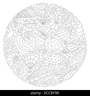 Round Outline Underwater Concept Mit Muschelaufkleber Stock Vektor