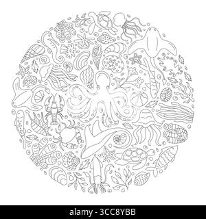 Unterwasser Marine Life Outline Concept-Aufkleber Stock Vektor