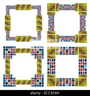 Farbenfrohe Mosaikrahmen. Quadratisches Stammeslayout. Dekorative ethnische Grenzen. Moderner geometrischer Stil. Stock Vektor