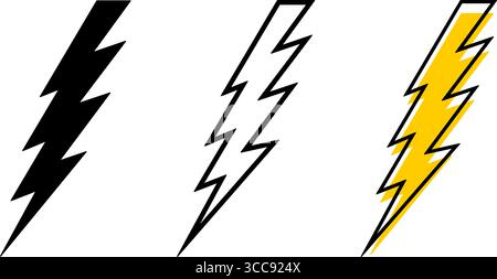 Satz von Thunderbolt-Symbolen. Blitzzeichen auf weißem Hintergrund. Symbole für Taschenlampe, Energie, elektrische Leistung, Blitzlicht oder Spannung. Gefahren- oder Gefahrenpiktogramme. Vektorgrafik. Stock Vektor