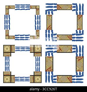 Quadratische Tribal-Rahmen. Von Fingerabdrücken inspirierte Kanten. Ethnische dekorative Elemente. Buntes, auffälliges Muster. Stock Vektor
