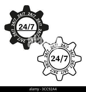 24 7 Wartungssymbol. Symbol für Vektorgetriebe. Öffnen Sie 24 sieben. Kundensupport-Emblem. Stock Vektor