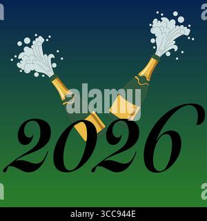 Illustration der Sektflaschen. Neujahrsfeier. 2026 festlicher Vektor. Blaugrüner Hintergrund. Stock Vektor
