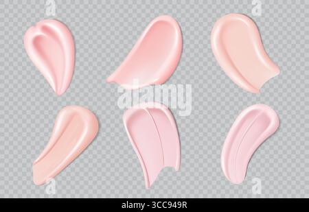 Realistische pinke Foundation Creme Swatch, Make-up Kosmetik, Hautpflege Kosmetik Tropfen. 3D-Vektorsatz mit Serum- oder Lotionsabstrichen und Texturen. Glatte, glänzende Konturen für Präsentationen von Kosmetikprodukten Stock Vektor