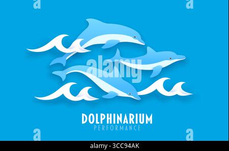 Papier geschnittenes Banner mit Delfinen, die durch die Meereswellen springen und eine Delfinariumvorstellung, Meeresshows, Familienspaß oder Meereslebeereignis fördern. 3D-Vektor-Delfin-Meerestiere in einer hellblauen Wasserszene Stock Vektor