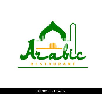 Arabisch-arabisches Restaurant mit Moschee-Architektur in Grün und Orange. Vektor-Emblem mit traditionellem nahöstlichen Stil und Typografie, für Branding, Küche, Tradition und Gastfreundschaft Stock Vektor