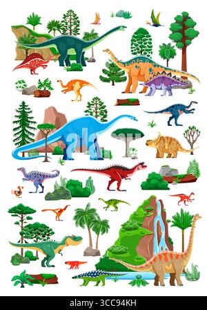 Prähistorische Landschaft, Dinosaurierfiguren und Pflanzen. Dimorphodon, quetzalcoatlus, Amygdalodon und Ouranosaurus, Apatosaurus, Probactrosaurus-Dinosaurier. Kiefern-, Palmen- und Farnbäume aus der Jurassic-Ära Stock Vektor