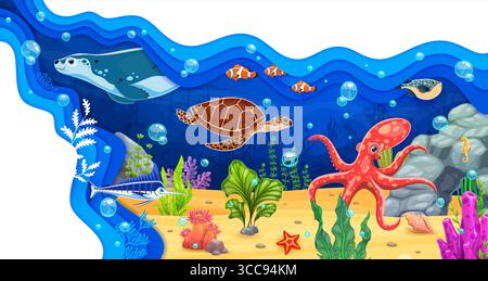 Papier geschnittene Unterwasserlandschaft mit lustigen Meerestieren und Algen, Vektor-Meeresboden. Korallenrifffische, Schildkröten und Kraken mit Seesternen in Zeichentrickpapier schneiden Wasserwellen der Unterwasserlandschaft Stock Vektor