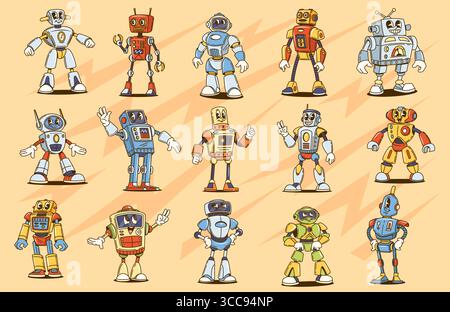 Groovige Roboterfiguren aus Retro-Hippie-Bot-Spielzeugen mit fröhlichem Lächeln. Vektor-KI-Roboterpersönlichkeiten von Vintage-groovigen humanoiden Cyborg, funky Alien Space Transformer und humanoiden Droiden Stock Vektor