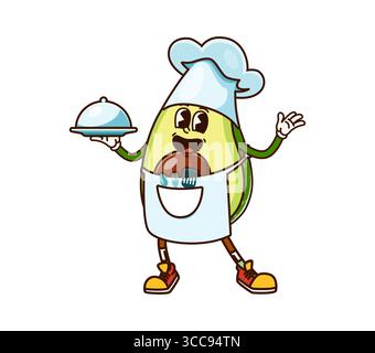 Cartoon fröhlich groovige Avocadokoch in Haubenmütze mit Gericht, Vektor-Gemüsecharakter. Grooviger Avocadocharakter in Retro-Cartoon auf Schürze mit Gabeln und Löffeln als Restaurantkoch oder Kochemoji Stock Vektor