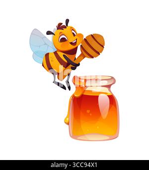 Cartoon Honigbiene lustiger Charakter mit Honiglöffel und Honig im Glas, Vektor Honigbiene. Niedliche Biene mit lustigem Gesicht und fröhlichem Lächeln mit Honigstäbchen, Kinderfigur für Imkerei oder Bienenhaus Stock Vektor