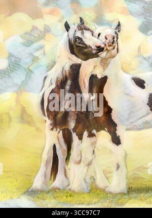 Porträt von zwei jungen Gypsy Vanner Horse Hengsten im Spiel. Stilisierte digitale Fotokunst. Stockfoto