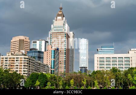 Blick auf moderne Wolkenkratzer und Bürogebäude in der Skyline von Taipeh, über einem üppig grünen Park an einem bewölkten Tag in Taiwan Stockfoto