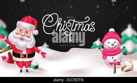 Weihnachtsmann und Schneemann Weihnachtsgrüße Clipart mit Schnee Hintergrund und Feiertagsbeschriftung Stock Vektor
