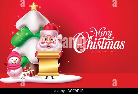Frohe Weihnachtsclipart mit Weihnachtsmann, Schneemann, Schneebaum, bunten Geschenken und Weihnachtsgrüßen Stock Vektor