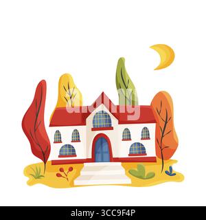 Schulgebäude mit Bäumen im Herbst Stock Vektor