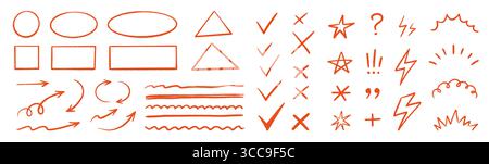 Stiftrot Hervorhebung gesetzt. Handgezeichnete Buntstift-Häkchen, Sprechblasen, Satzzeichen und Comic-Blitzzeichen für Lehrer-Highlights. Handgezeichnete rote Hervorhebungsmarkierungen. Vektorabbildung Stock Vektor