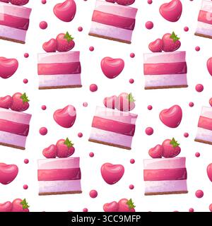 Nahtloses Muster mit Erdbeerkuchen und roten Herzen, ein lebendiger und appetitlicher Cartoon-Stil. Stock Vektor