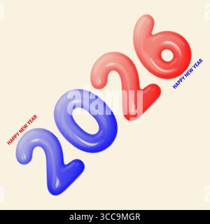 Minimalistisches Neujahrsplakat mit diagonalem 2026-Schriftzug im roten und blauen Halbton-Stil. Auffällige Zahlen im Retro-Stil auf beigefarbenem Hintergrund. Perfekt für Stock Vektor