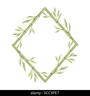 Grüne Bambusstämme mit quadratischem Rahmen mit Blättern. Handgezeichneter isolierter Illustrationsrand aus grünem Laub. Postkartenschablone mit Blumenmuster Stockfoto
