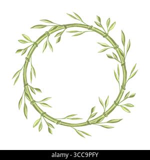 Grüne Bambusstämme mit rundem Rahmen aus Blättern. Handgezeichneter isolierter Illustrationsrand aus grünem Laub. Postkartenschablone mit Blumenmuster Stockfoto