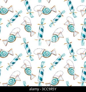 Blaues Neujahr und Weihnachtsbonbons und Lebkuchen. Nahtloses Aquarellmuster für Verpackungsdesign, Textil, Stoff. Stockfoto