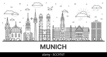 Umreißen Sie die Skyline der Stadt München mit modernen und historischen Gebäuden, die auf weiß isoliert sind. Vektorabbildung. Münchner Stadtbild mit Wahrzeichen. Stock Vektor