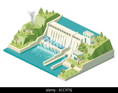 Wasserdamm. Wasserkraftwerk. Erneuerbare grüne, nachhaltige Wasserkraft. Hochspannungsleitungen. Kraftwerk. Stromerzeugung. Stock Vektor