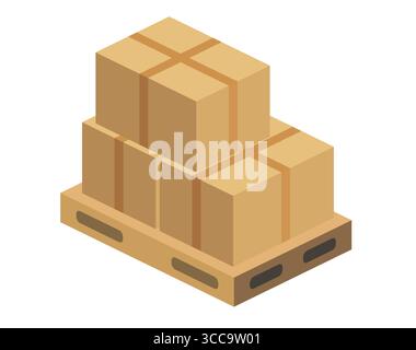 Isometrische Kartonschachteln, gestapelt auf einer Holzpalette. Vektorabbildung. Isolierte Objekte. Logistikkonzept. Lagerbetrieb. Stock Vektor