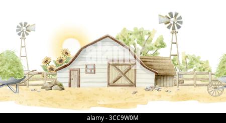 Farmen-Aquarelllandschaft nahtlose Grenze isoliert auf weiß mit Windmühlen, Holzzaun auf Sandboden und Schubkarren. Dorffeuer mit klassischem Charakter Stockfoto