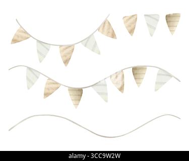Aquarellflaggen Girlande Illustration Set isoliert auf weiß. Einfaches Retro-Geburtstagsschmuck in Pastellbeige für Kindergeburtstag und Unisex Stockfoto