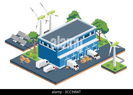 Umweltfreundliches isometrisches Verteilerzentrum mit Solarpaneelen und Windturbinen. Lager, Laderampen, Lieferwagen, Paletten und Personen. Stock Vektor