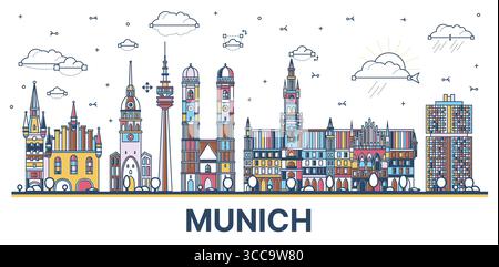Umreißen Sie die Skyline der Stadt München mit farbigen modernen und historischen Gebäuden, die auf weiß isoliert sind. Vektorabbildung. Münchner Stadtbild mit Wahrzeichen Stock Vektor
