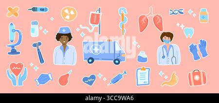 Aufkleber auf rosafarbenem Hintergrund mit medizinischen Symbolen, menschlichen Organen, Werkzeugen und Zeichentrickfiguren des Arztes und der Krankenschwester. Konzept der Gesundheitsversorgung, Diagnostik, Stock Vektor