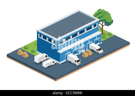 Isometrisches modernes Logistikzentrum. Lagereinrichtungen mit Laderampen, Lkw, Paletten und Kisten, die auf weiß isoliert sind. Stock Vektor
