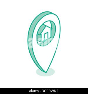 Isometrisches Symbol eines Kartenstandortes mit einem Haussymbol im Inneren. Konzept von Privatadresse, Lieferziel, GPS-Navigation und Immobilien Stock Vektor