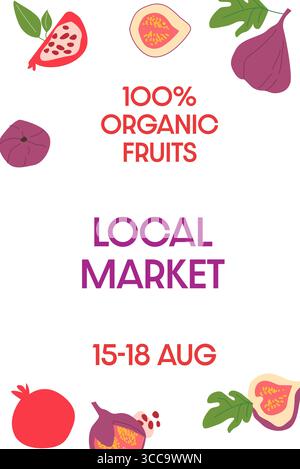 Angebot für Bio-Früchte mit Illustrationen für lokale Marktereignis. Minimales vertikales Poster mit frischem Obst. Konzept von landwirtschaftlichen Erzeugnissen, gesunden Lebensmitteln, Stock Vektor