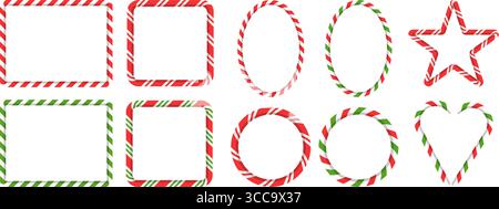 Gestreiftes Weihnachtsrahmenset. Rote und grüne Zuckerrohrmuster für dekorative Rahmen, Grußkarten und Banner. Rechteck, Kreis, Stern und Herz Stock Vektor