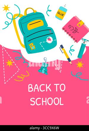Farbenfrohe Schulutensilien mit Rucksack, Notizbuch und Schreibwaren. Pädagogisches Poster mit Büchern, Bleistiften und lebendigem sch Stock Vektor