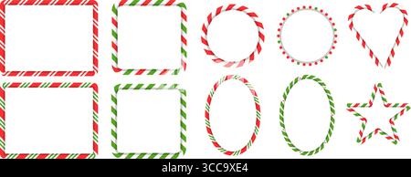 Weihnachtliches Zuckerrohr-Rahmenset. Rechteck-, Kreis-, Stern- und Herzränder im gestreiften roten und grünen Lutscher-Stil Stock Vektor