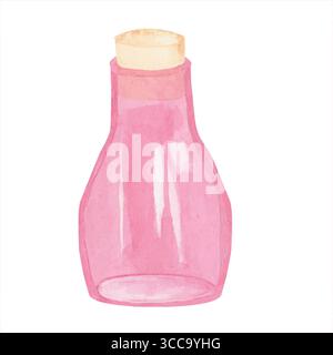 Aquarell handgezeichnetes Zauberflasche Elixier in Glas mit Holzkorken. Aus dem Hintergrund isolierte Komposition. Für ein traumhaftes mystisches Design und Dekor Stock Vektor