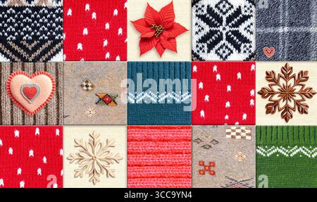 Warmer Weihnachtshintergrund mit kariertem Fleece, Wollpullover mit geometrischer Verzierung. Weihnachtskulisse mit gemütlichem Strickmaterial aus Wolle und Dekor Stockfoto