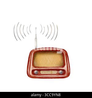 Rotes Vintage-Radio 1950er Jahre drahtlos mit Wellensignal, nostalgisches Mid-Century-Design. Retro-Tech-Kunst mit detaillierten Knöpfen, Zifferblättern und antiker Ästhetik. Perfekt Stockfoto