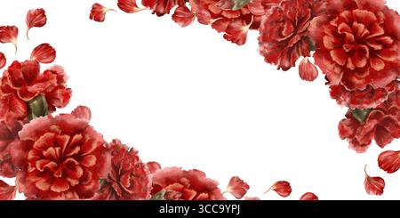 Rote Nelkenblume im rechteckigen Rahmen als Symbol für Muttertag, Liebe, Leidenschaft, valentinstag-Beichte. Isoliertes Aquarell, handgezeichnet Stockfoto