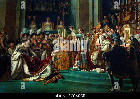 Krönung - Weihe Kaiser Napoleon Bonaparte und Josephine 1807 Kathedrale Notre Dame Paris Jacques-Louis David 1748–1825 Frankreich französisches Museum Louvre Paris ( die „Weihe“ bezieht sich auf ein monumentales neoklassizistisches Ölgemälde von Jacques-Louis David (1805–1807) mit dem Titel die Weihe des Kaisers Napoleon I. und Krönung der Kaiserin Josephine. Das Gemälde zeigt die Krönungszeremonie Napoleons I. und seiner Frau Joséphine am 2. Dezember 1804 in Notre-Dame de Paris, die das erste französische Reich festigte und eine neue Kaiserdynastie begründete. Stockfoto