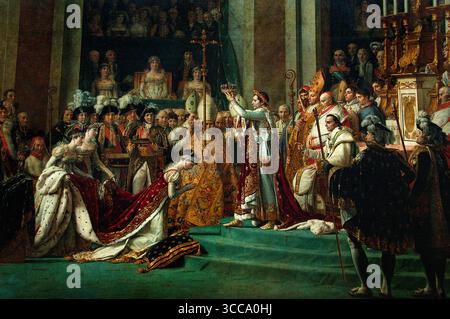 Krönung - Weihe Kaiser Napoleon Bonaparte und Josephine 1807 Kathedrale Notre Dame Paris Jacques-Louis David 1748–1825 Frankreich französisches Museum Louvre Paris ( die „Weihe“ bezieht sich auf ein monumentales neoklassizistisches Ölgemälde von Jacques-Louis David (1805–1807) mit dem Titel die Weihe des Kaisers Napoleon I. und Krönung der Kaiserin Josephine. Das Gemälde zeigt die Krönungszeremonie Napoleons I. und seiner Frau Joséphine am 2. Dezember 1804 in Notre-Dame de Paris, die das erste französische Reich festigte und eine neue Kaiserdynastie begründete. Stockfoto