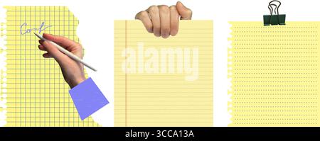 Gelbes, gerissenes Notizbuchpapier mit Halbtonhängern, Stift und Binderclip. Modernes Konzept für Schul- und Bürobedarf für Design, Banner oder Digital Stock Vektor