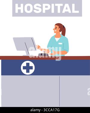 Die Krankenschwester im Krankenhaus führt einen Termin hinter der Rezeption durch. Frau am Tresen mit Computer. Medizinischer Service-Rezeptionist. Clini Stock Vektor